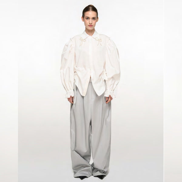 White Cotton Shirt With Pearly Bow Details On Collar - XS - S