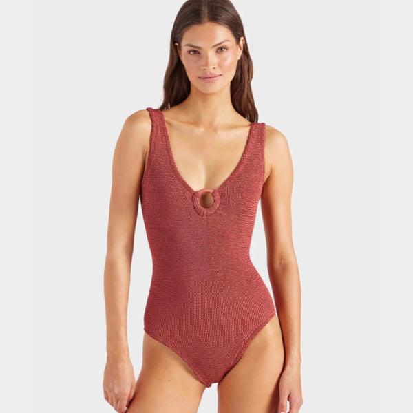 Coverage Celine Swim with fabric covered hoops - M Metallic Crinkle Metallic Rosewood