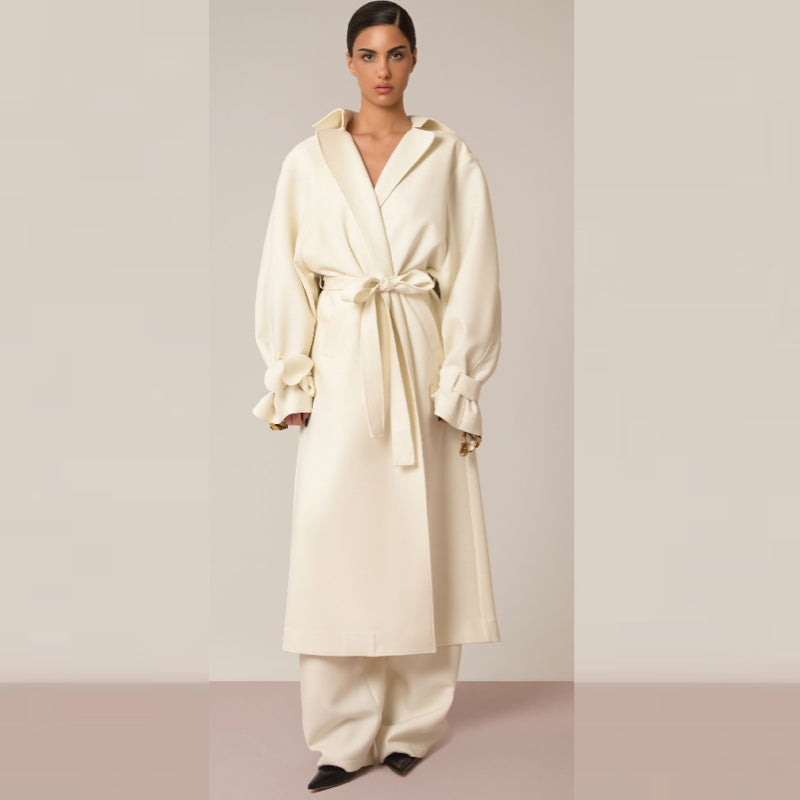 Off White Wool Trench Coat With Sequin Detail - S