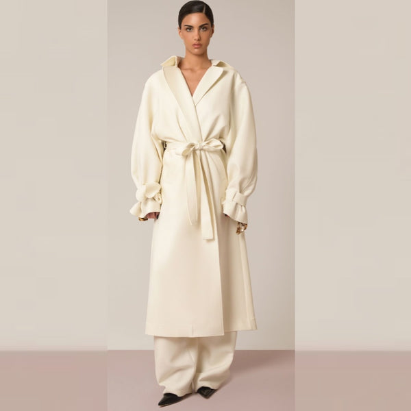 Off White Wool Trench Coat With Sequin Detail - S
