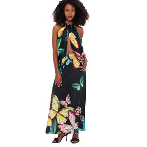 Alyssa Draped Halter Top  & Camila Maxi Skirt (Set) - Papillon Print in Black - 8 - 10