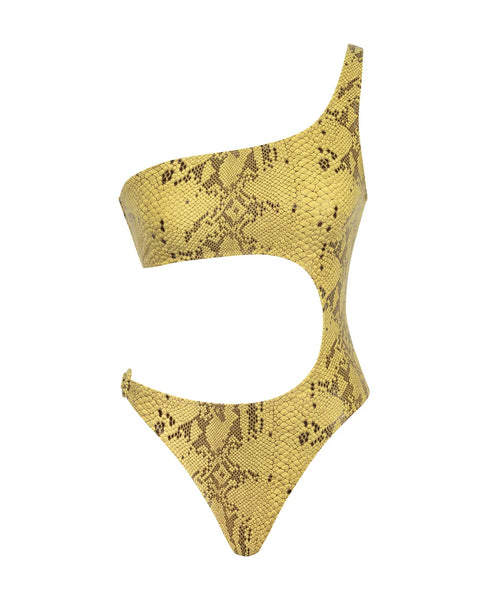 Sol Cut Out Once Shoulder Snake Printed Swimsuit - S