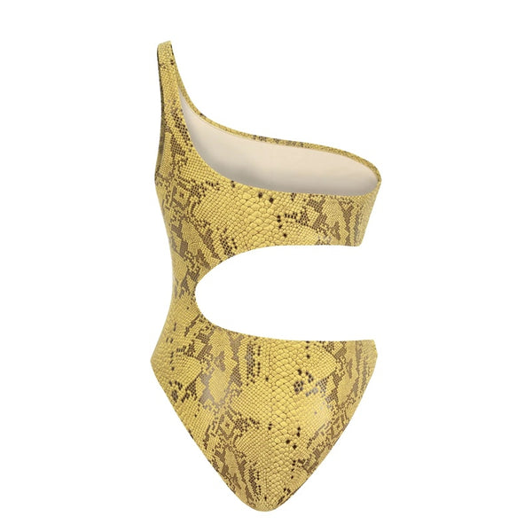 Sol Cut Out Once Shoulder Snake Printed Swimsuit - S