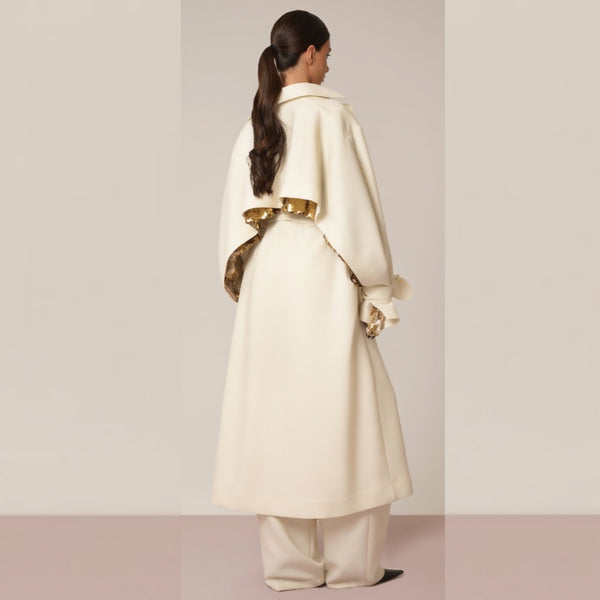 Off White Wool Trench Coat With Sequin Detail - S