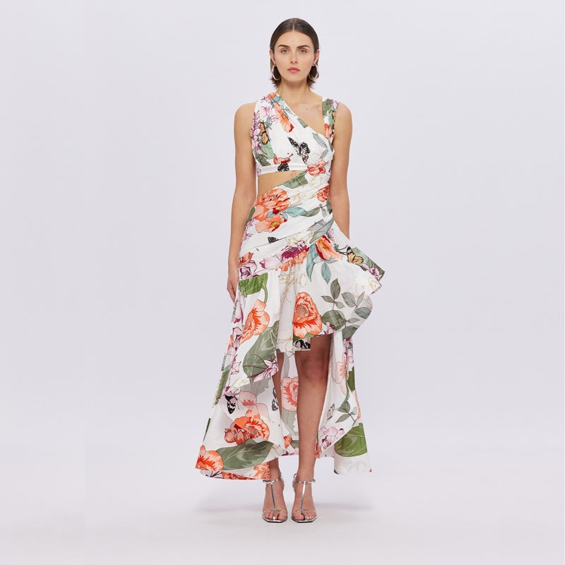 Tyler Asymmetric Gown - Lush Print in White - 8 - 10