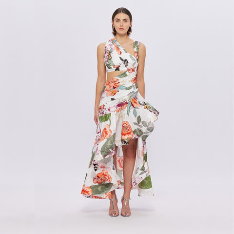 Tyler Asymmetric Gown - Lush Print in White - 8 - 10