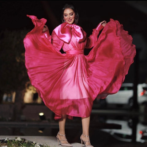 Flare Silk Chiffon Dress With Removable Bow in Fuschia - 36