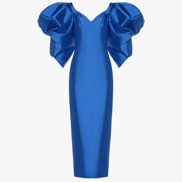 Blue Silk Puff Sleeve Dress