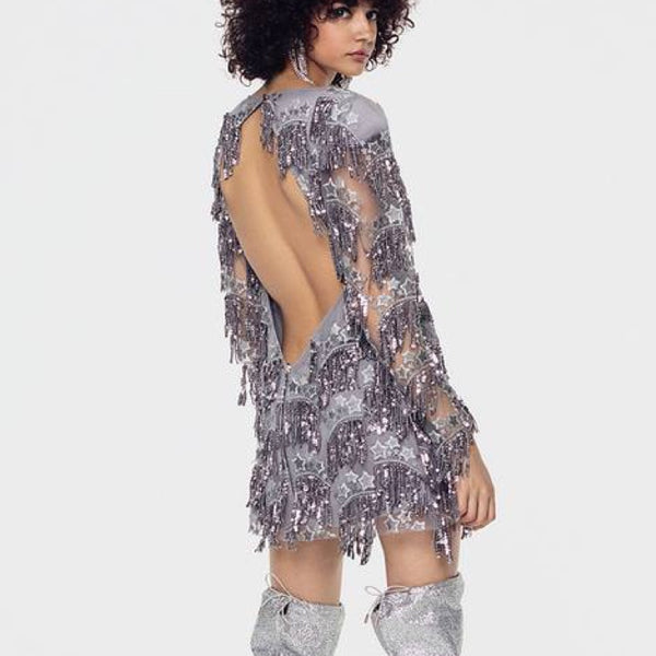 Etoile Sequin Fringe Dress Gris - M(B)