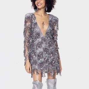 Etoile Sequin Fringe Dress Gris - M(B)