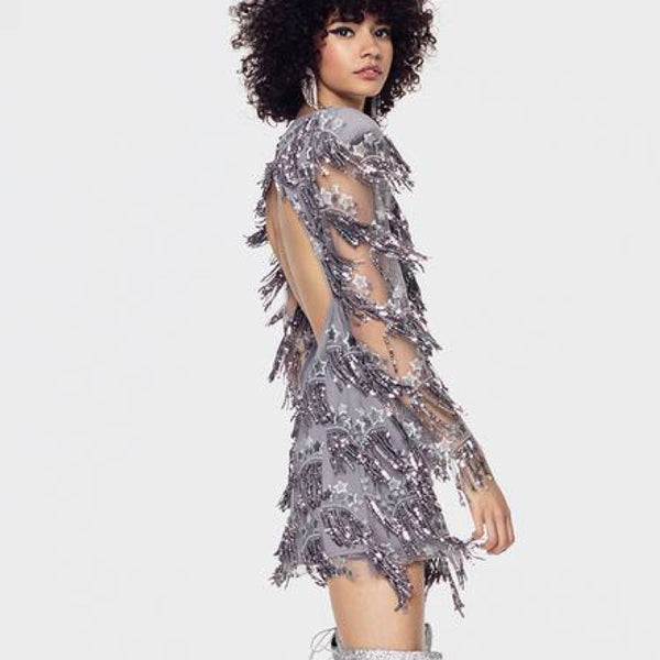Etoile Sequin Fringe Dress Gris - M(B)