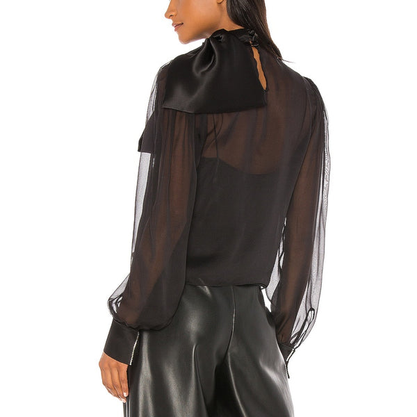 High Neck Drape Front Silk Blouse With Bow in Fuchsia