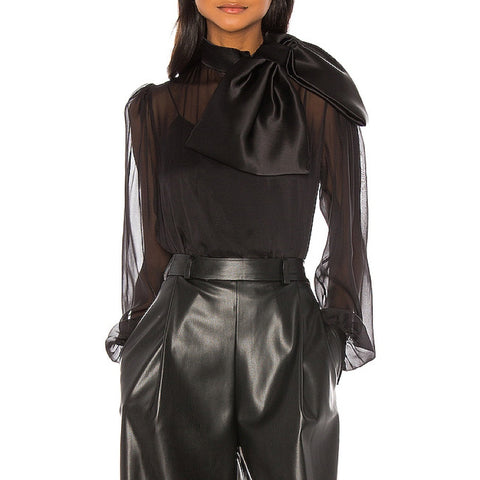 High Neck Drape Front Silk Blouse With Bow in Fuchsia