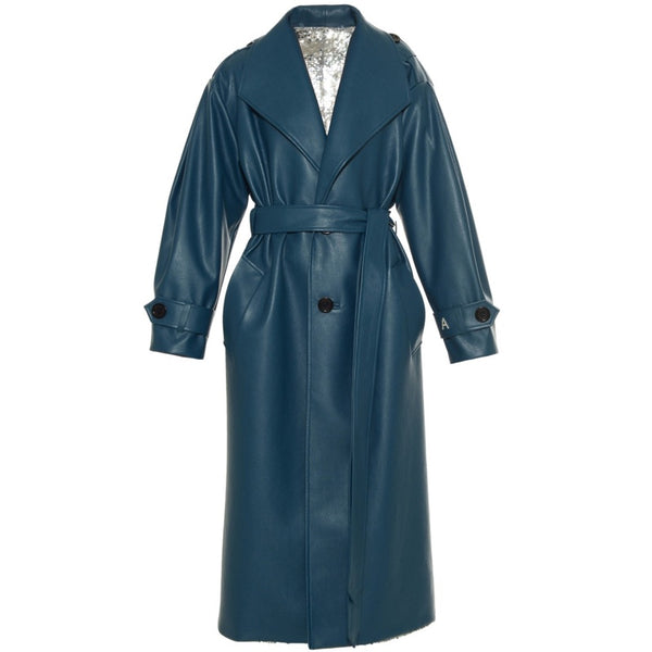 Double Sided Vegan Leather Trench Coat With Sequins in Navy - 38