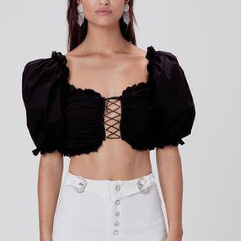 Sage Lace Up Crop Top Black - L (B)