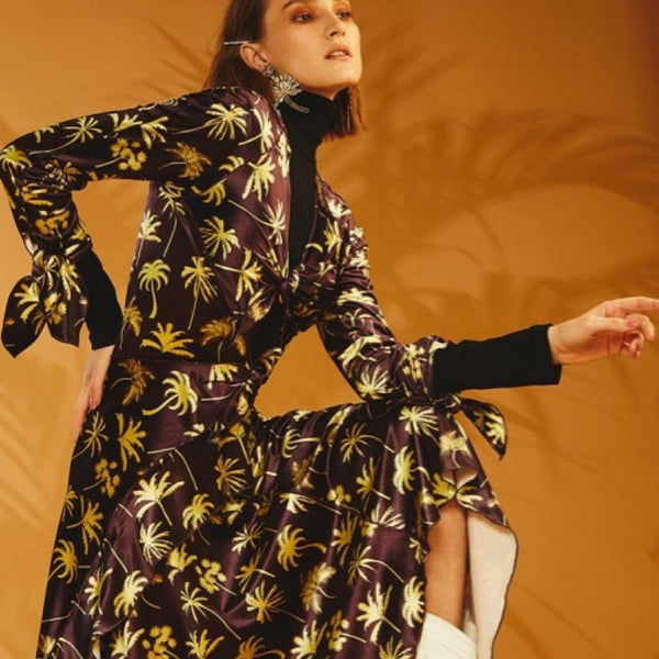 Volga Dress Brown Yellow Palm Print