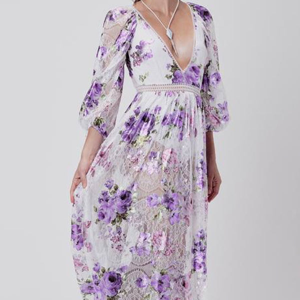 Wild Flower Foil Lace Maxi Dress Lavender - S - M