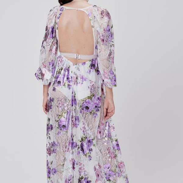 Wild Flower Foil Lace Maxi Dress Lavender - S - M