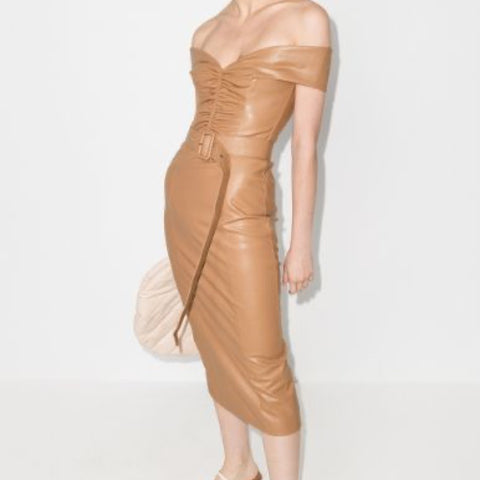 Bardot Shoulder Vegan Leather Pencil Dress