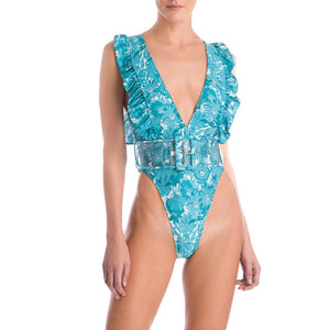 Flower Bloom Ruffled High Leg Swimsuit With Belt