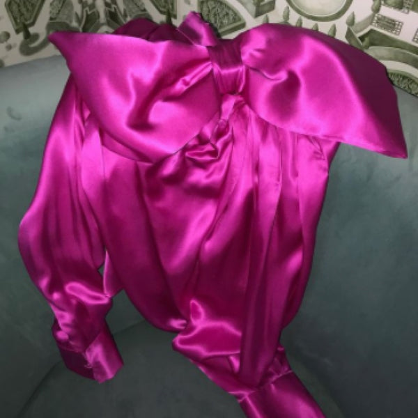 High Neck Drape Front Silk Blouse With Bow in Fuchsia