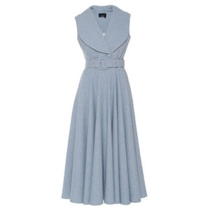 Notched Collar Sky Blue Flare Dress