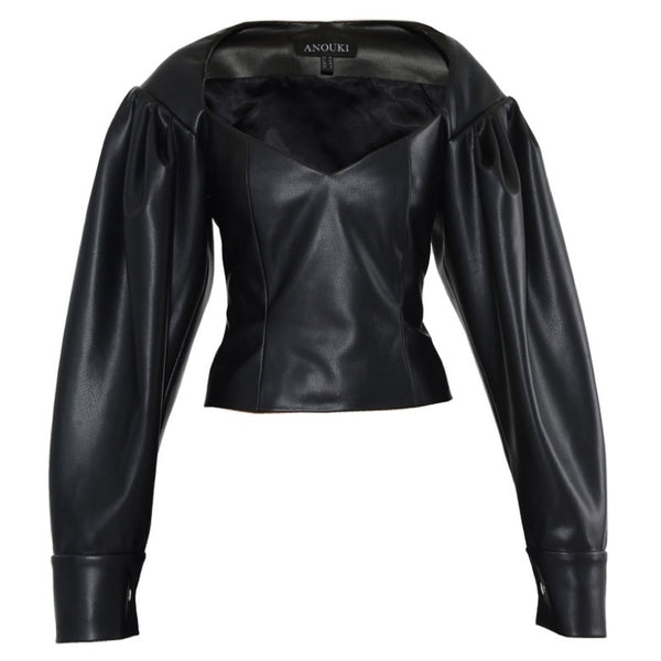 Black Vegan Leather Corset Style Blouse With Puff Sleeve